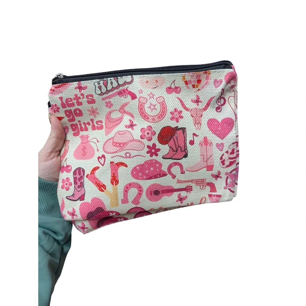 Lets Go Girls Western Pink Cowboy Boot Makeup Bag Zippered Travel Pouch Linen